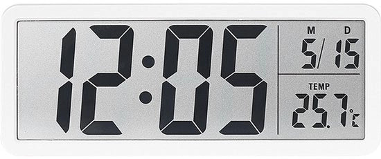 Orologio digitale per parete alimentato da batterie con cifre grandi, visualizzazione temperatura e supporto per 12/24 ore - bianco.