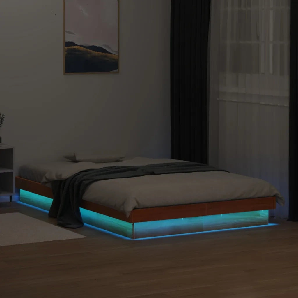 Giroletto LED-Struttura Letto con LED Marrone Cera 135x190 cm in Legno Massello di Pino