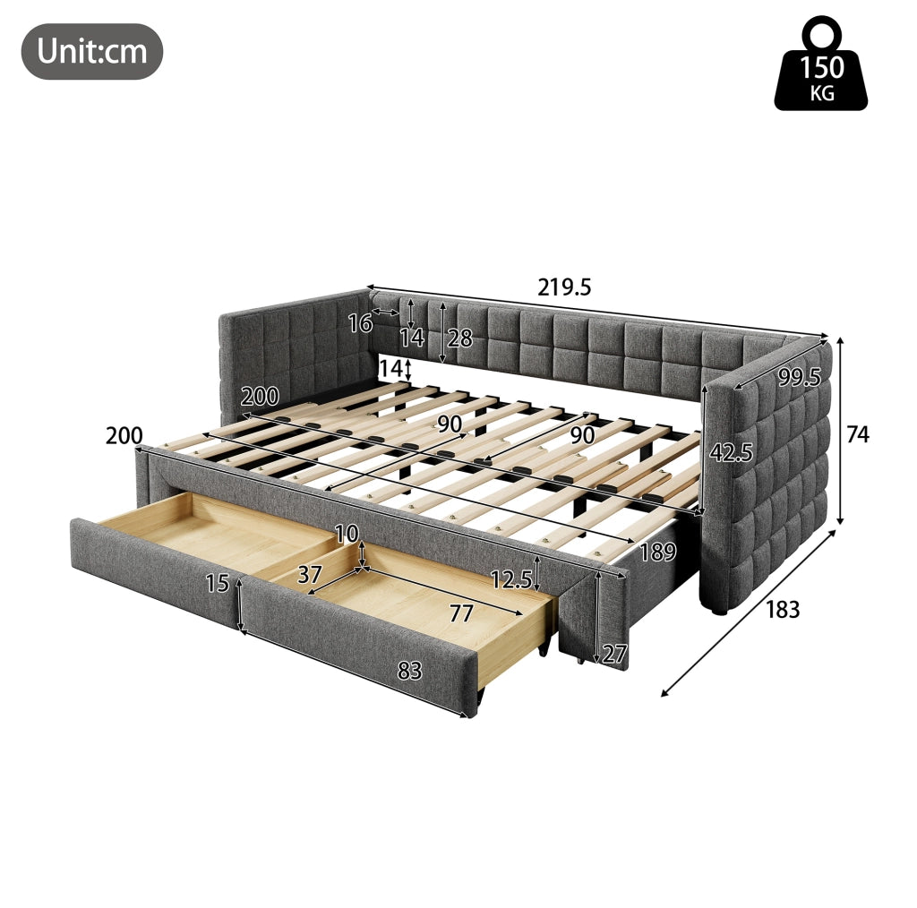 Daybed estraibile 90x200 cm in velluto grigio con 2 cassetti e schienale quadrato