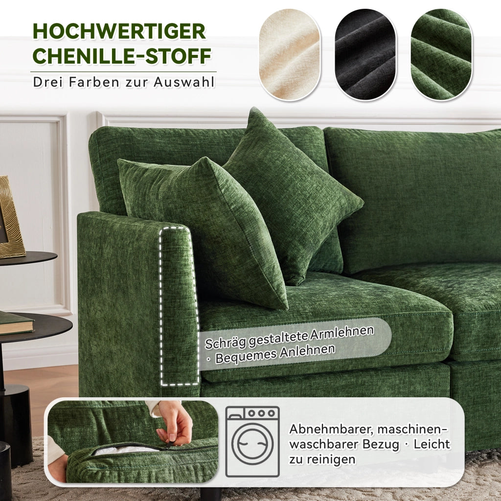 Divano modulare 3 posti configurabile a L con pouf mobile e 4 cuscini in chenille verde 216 × 161 × 81 cm