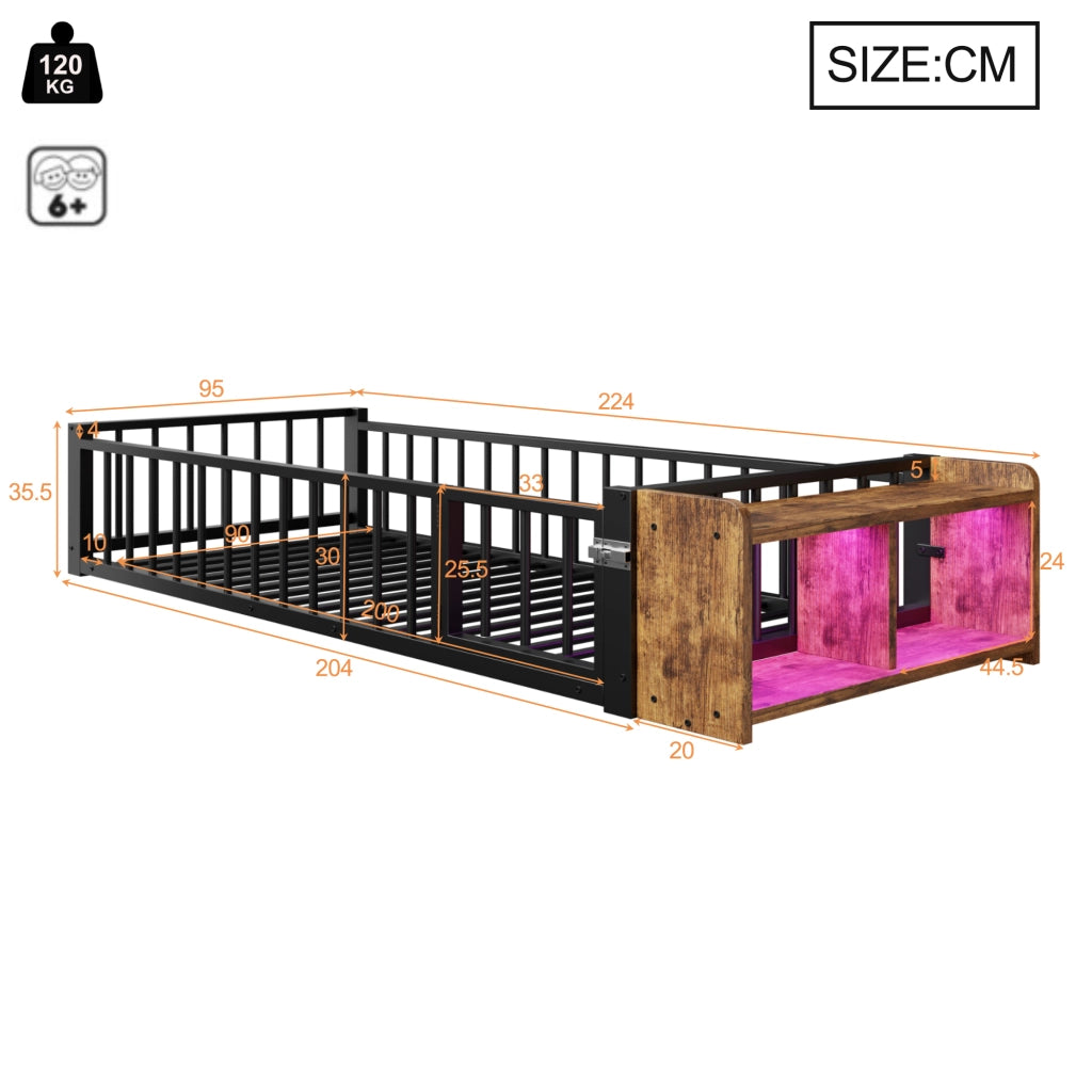 Letto in metallo con cassetti LED 90x200 MDF nero e metallo