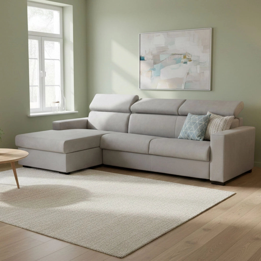 Divano Letto Alibabah, Divano ad angolo, Made in Italy, SofÒ  con apertura girevole, con Penisola contenitore Sinistra, con Braccioli standard, cm 280x95h85, Grigio