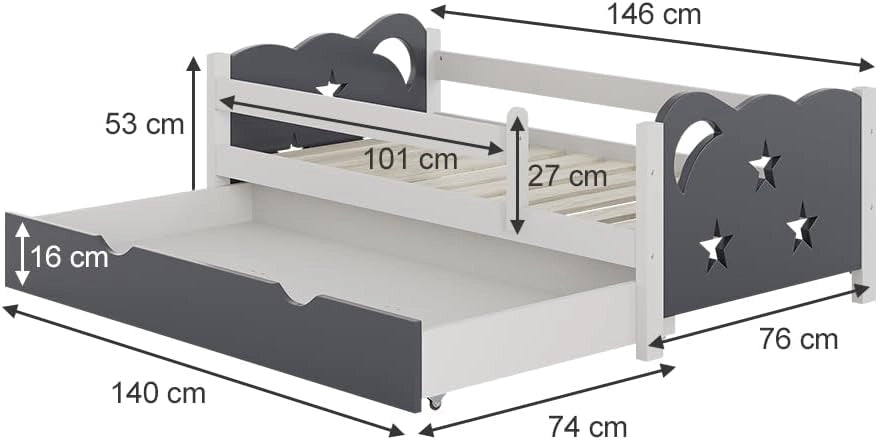 letto per bambini Jessica, Grigio, 70x140 cm con cassetto e materasso, estendibile come letto per ragazzi, combinabile con la serie Jessica