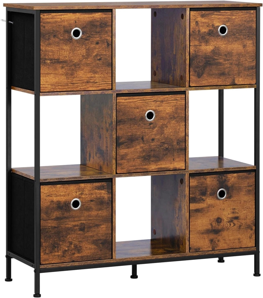 Scaffale per Libri, Scaffale con 4 Cubi Aperti e 5 Cassetti in Tessuto non Tessuto, Unità di Stoccaggio Industriale per Soggiorno/Camera da Letto/Ufficio, Legno Ingegnerizzato, RGB64vbn