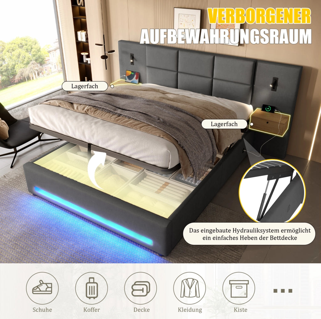Letto imbottito 180x200 cm con contenitore; LED; USB-C e cassetti in velluto grigio scuro
