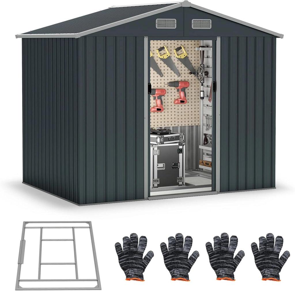 Casetta da Giardino 3,66㎡, Capanno da Esterno con Tetto Spiovente e Porte Scorrevoli, 4 Prese d'Aria e Base, in Metallo Zincato Resistente alle Intemperie, 235 x 171 x 196 cm