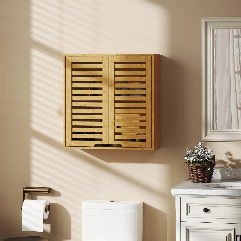 Pensile Bagno 60x20x60 cm con Ripiano Interno e Ante a Persiana in Bambù Color Legno