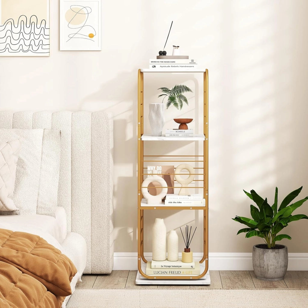 Supporto Giradischi Girevole a 4 Ripiani, Porta Dischi Rotante a 360° con Struttura in Metallo, Scaffale d'Angolo Salvaspazio per Casa, Ufficio e Soggiorno, 40x40x115 cm (Oro)
