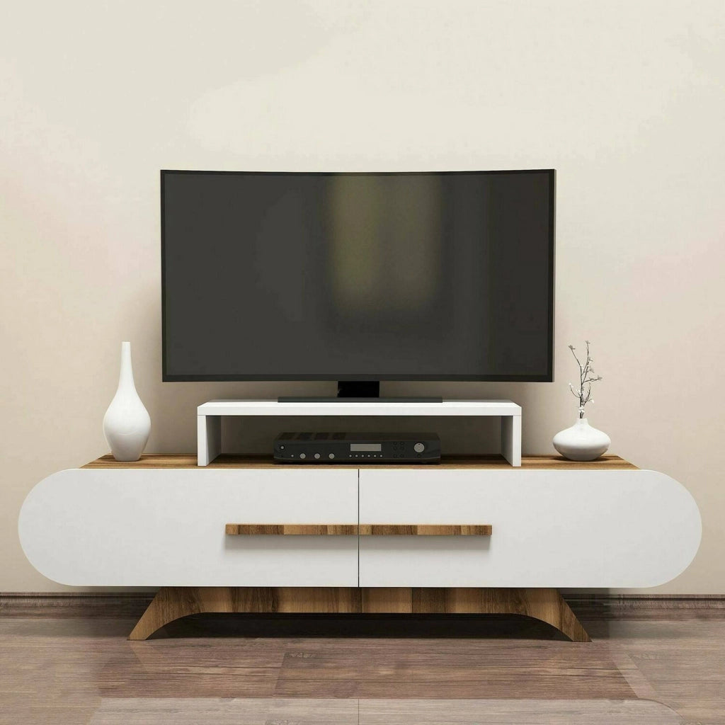 Mobile porta TV Baghdad, Credenza da soggiorno, Armadio basso per TV, Base parete attrezzata, 145x37h50 cm, Noce e Bianco