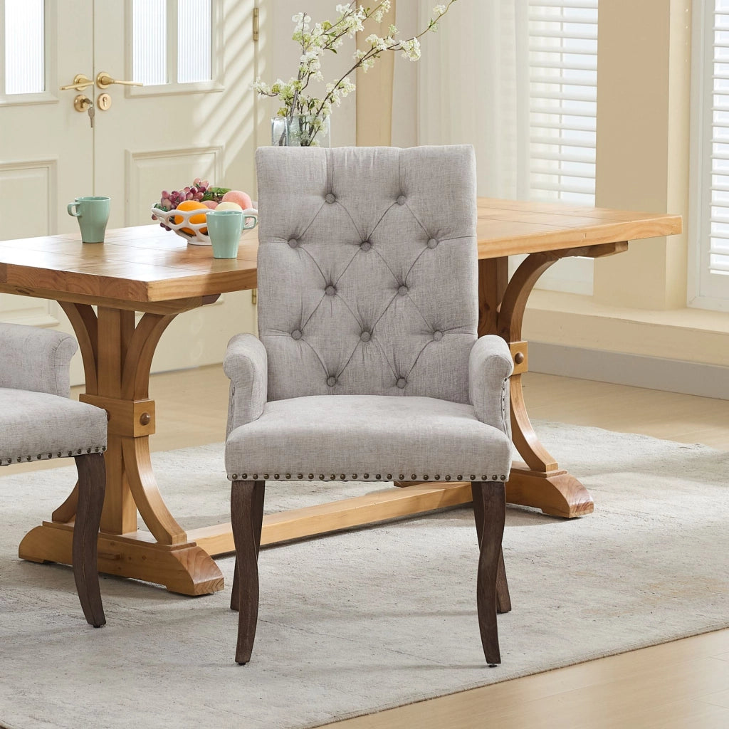 Sedia da pranzo, venduta singolarmente, tessuto chenille, gambe in legno massello, con braccioli, grigio chiaro