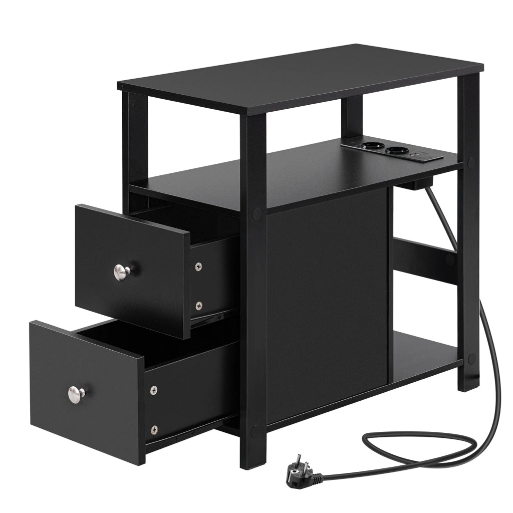 Tavolino basso con 2 cassetti e 2 vani aperti, prese di corrente e USB, per soggiorno e camera da letto, nero, 60 × 60 × 30 cm