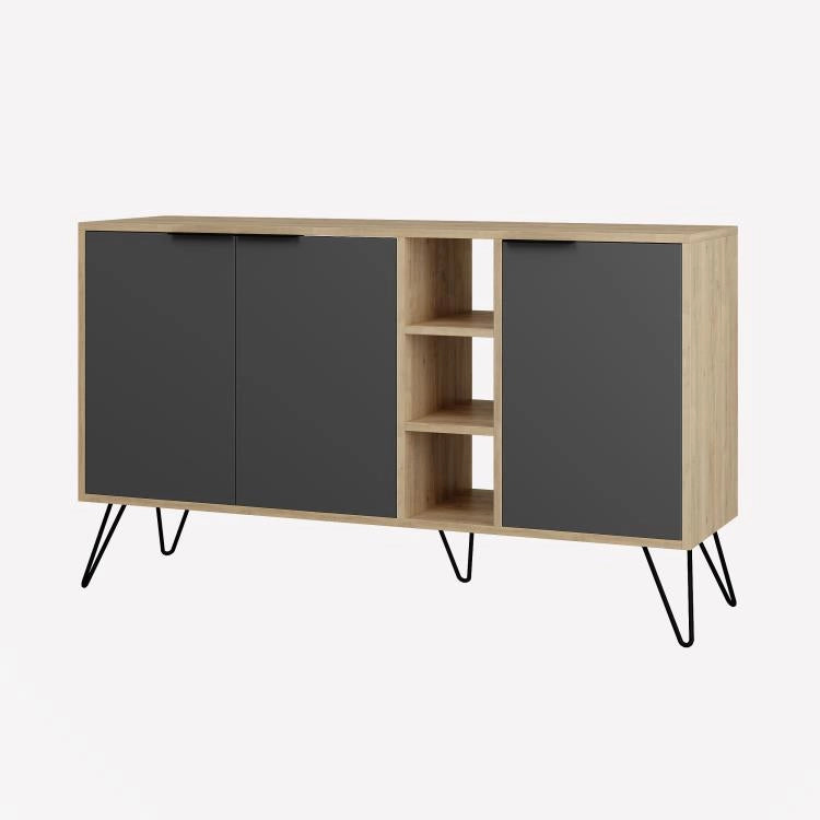 Madia Moderna Credenza 142x83 cm con 3 Ante e Vani a Giorno Rovere e Antracite