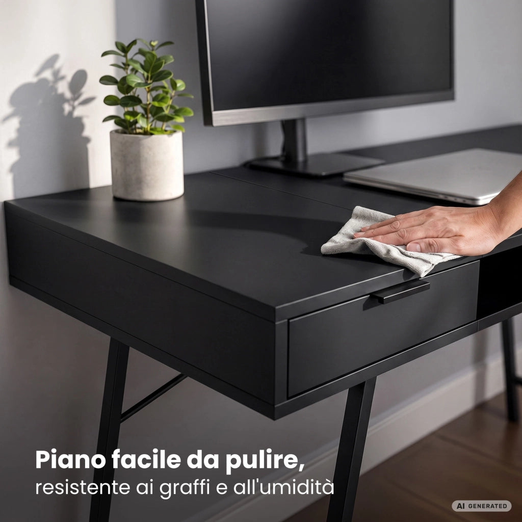 Scrivania industriale per computer Nera ARDEN 120 cm 2 cassetti 1 ripiano gambe nere