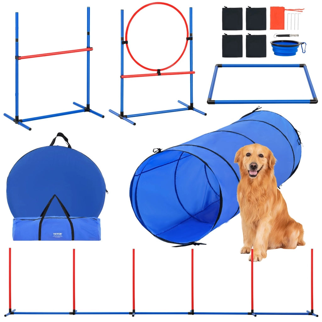Set 5 Pezzi Attrezzatura Addestramento Agilità Cani HC-ZAG08 in PVC Percorso a Ostacoli con Tunnel e Anello Salto Regolabile Portatile per Giardino