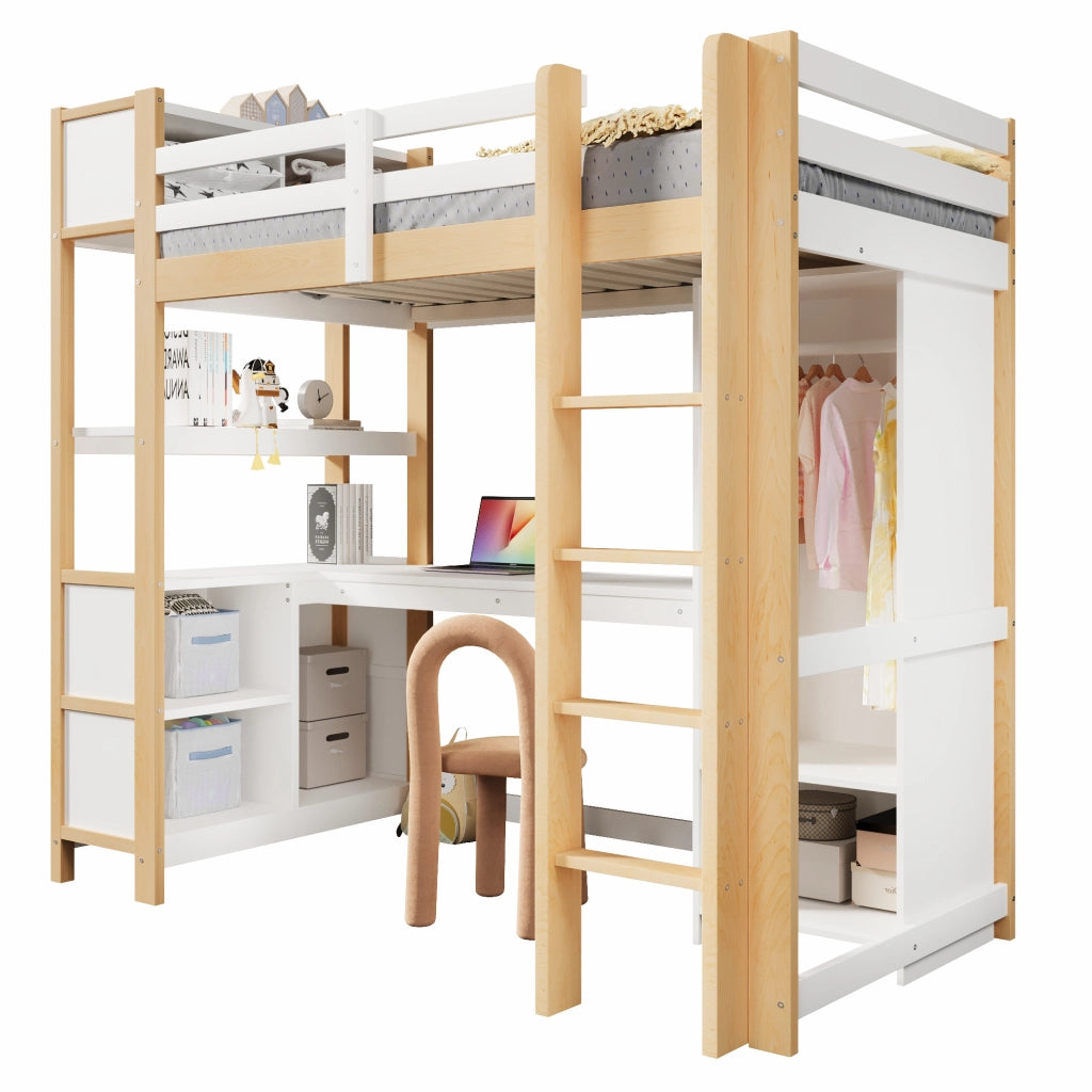 Letto a soppalco 90 × 200 cm con scrivania, scaffali e armadio, senza materasso, in pino, naturale