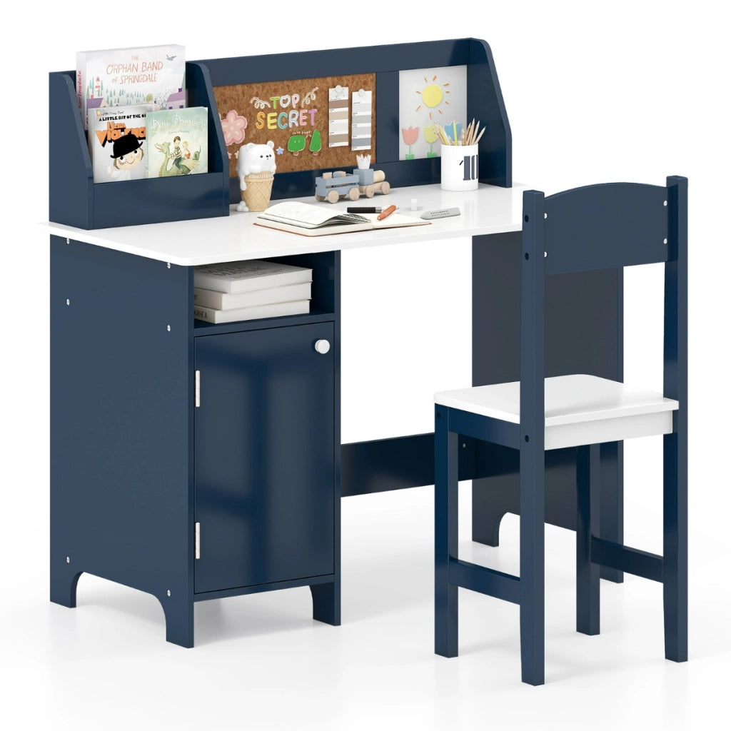 Set di scrivania e sedia per bambini in legno con scaffale armadietto bacheca, Postazione di scrittura Blu scuro-Tavoli e sedie