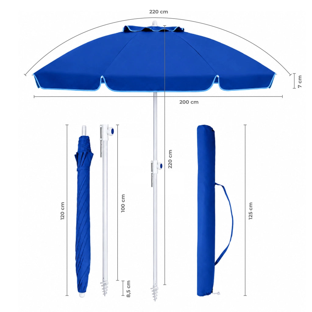 Ombrellone Mare Maxi 220 cm con Protezione UV, Palo a Vite e Inclinazione Regolabile, Parasole da Spiaggia con Presa d'Aria Antivento, Stecche Resistenti e Custodia Trasporto Blu