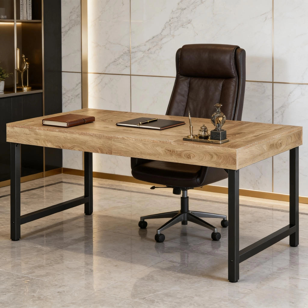 Scrivania lineare in MDF e metallo con ampio piano stile rustico per ufficio e home office nera e marrone 140 cm