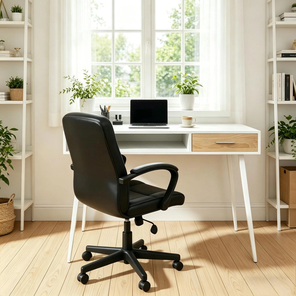 Scrivania lineare con 1 cassetto e vano aperto per ufficio e casa moderna in MDF e metallo bianco 110 × 50 × 75 cm