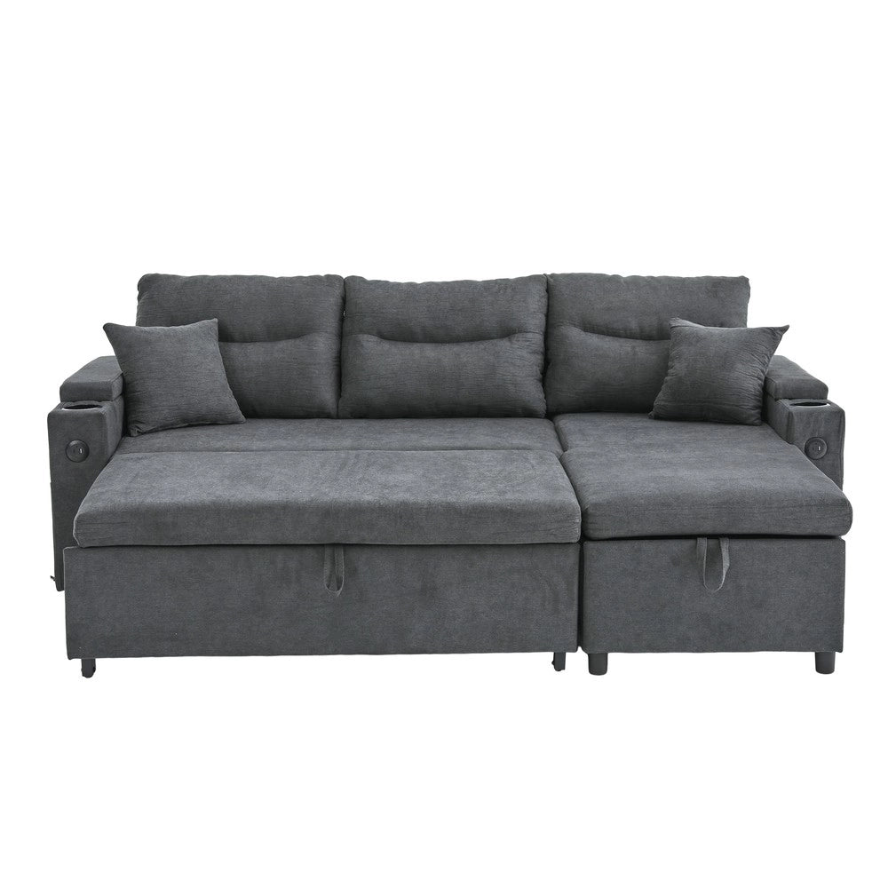 Divano 3 posti con contenitore e chaise longue ¨C Minimal ¨C Tessuto, con cassetti, porta bevande e USB-C