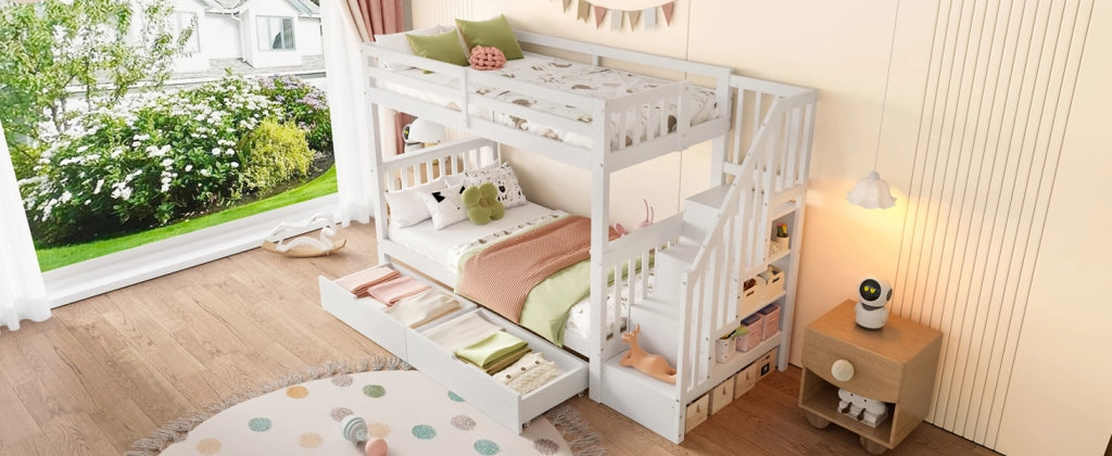 DESMIU Letto a castello per bambini 90 × 200 cm 1 posto con 2 cassetti, scaffale scala, senza materasso, in pino e MDF, bianco