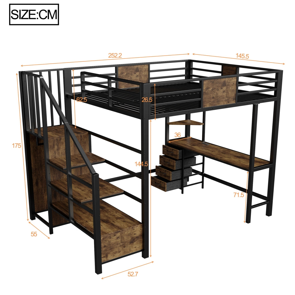Letto a soppalco con LED e scrivania integrata LEMONMAX; 140x200 cm; 4 cassetti; appendiabiti aperto; presa europea; h letto 144 cm; nero