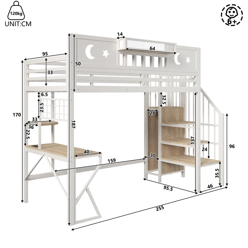 Letto a soppalco 90x200 cm con scrivania; pannello pegboard; ripiani; LED e USB; metallo bianco