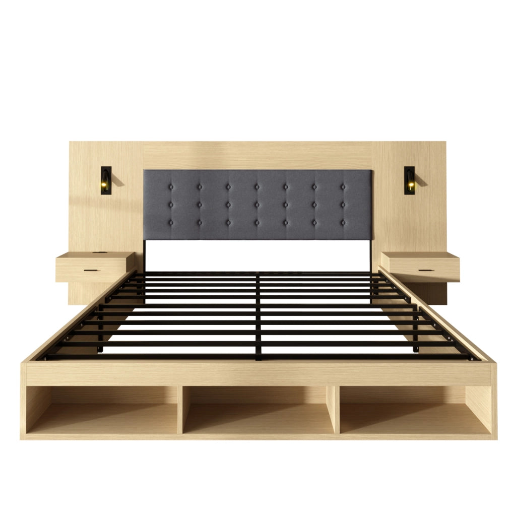 Letto matrimoniale contenitore 180x200 cm con faretti orientabili; USB C e 2 comodini; MDF rovere chiaro