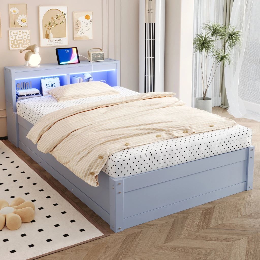 Letto singolo multifunzione 90x200 cm grigio con LED, presa e vano contenitore