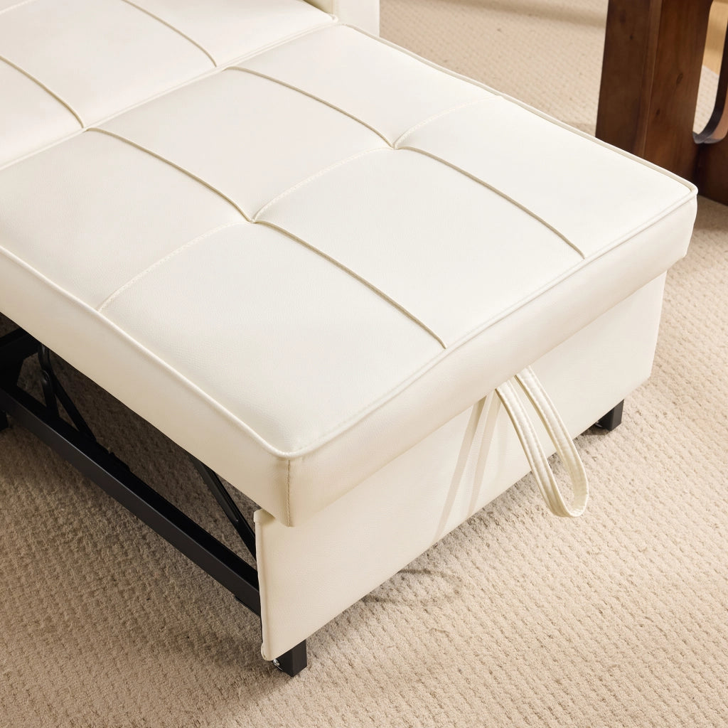 Divano letto singolo 3 in 1 con portabicchieri e tasca laterale in pelle PU bianca legno e metallo per piccoli spazi