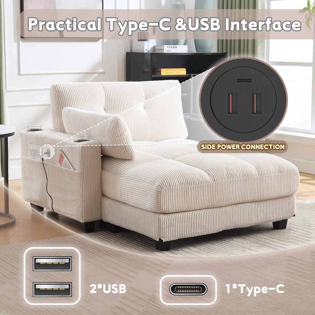 Poltrona Lounge con USB e Portabicchieri; Poggiatesta Regolabile; Tasca Laterale; in Velluto a Coste Beige