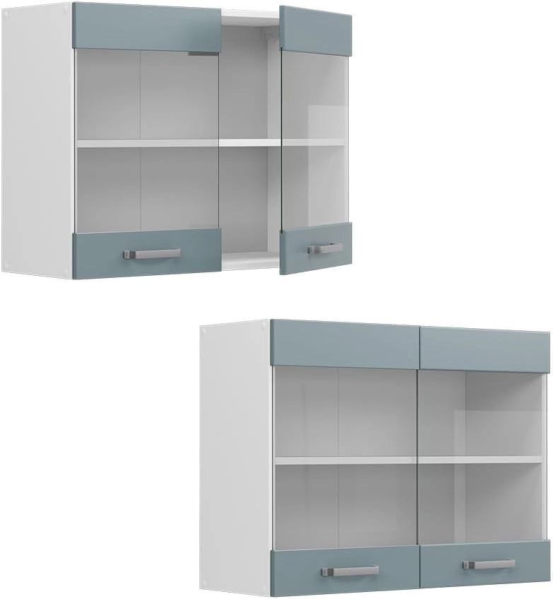 Mobile da cucina in vetro R-Line, Grigio-blu, 80 cm, per la libera combinazione all'interno di sistemi cucina modulari