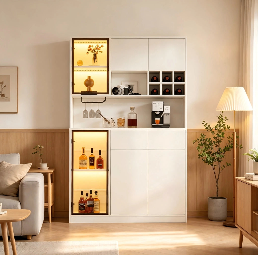 Hochschrank vetrina 120x33x200 cm con LED; 6 ante; 2 cassetti; bianco