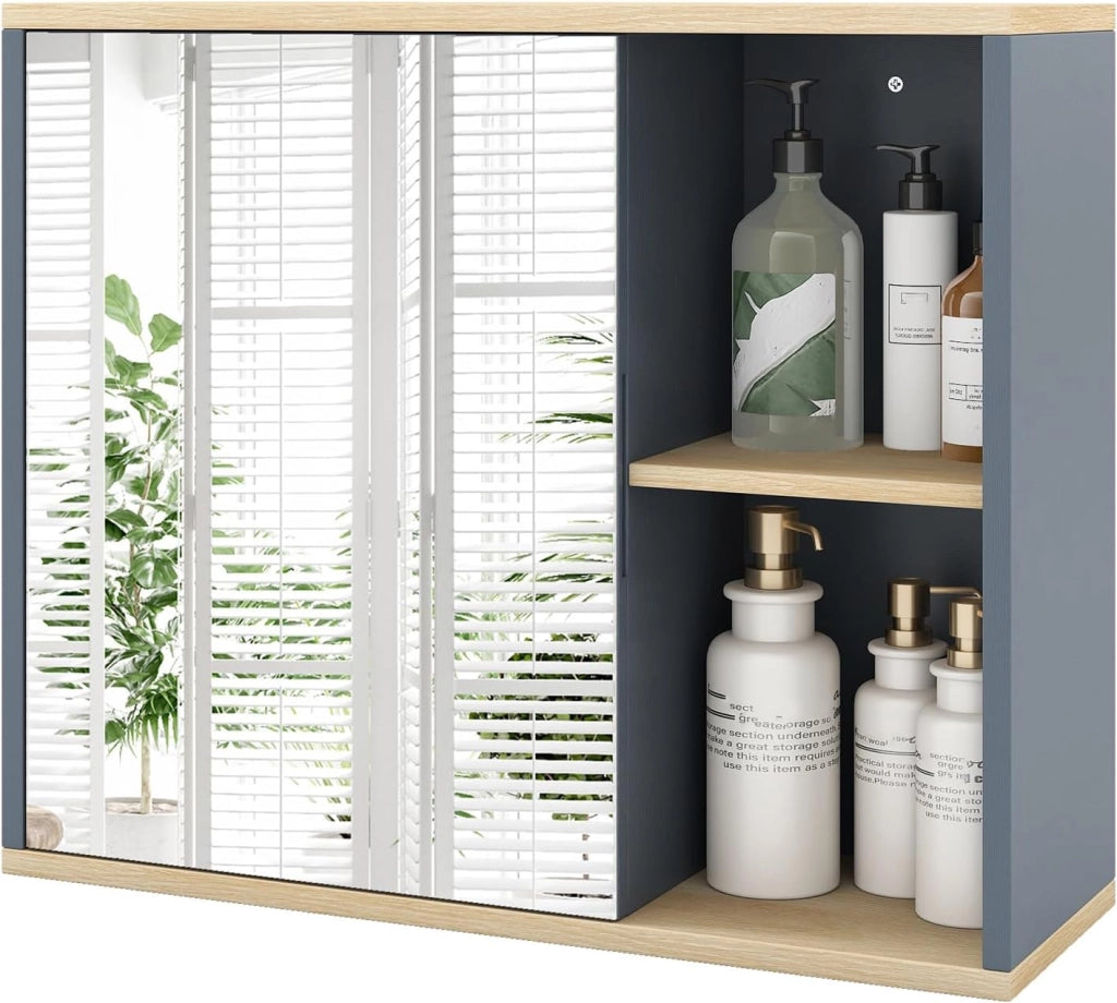 Armadio da Bagno con Specchio, Mobile da Parete con Porta Specchiata, Ripiano Regolabile e Scomparti Laterali Aperti, Mobile Salvaspazio per Soggiorno