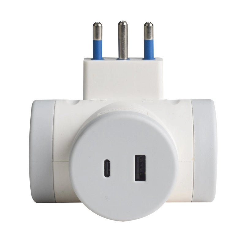 Adattatore con Spina 16A 2 Prese Universali Ita 10A/16A Schuko con 1 USB 2.4A e 1 USB C 3A 5V Carica Rapida Salvaspazio