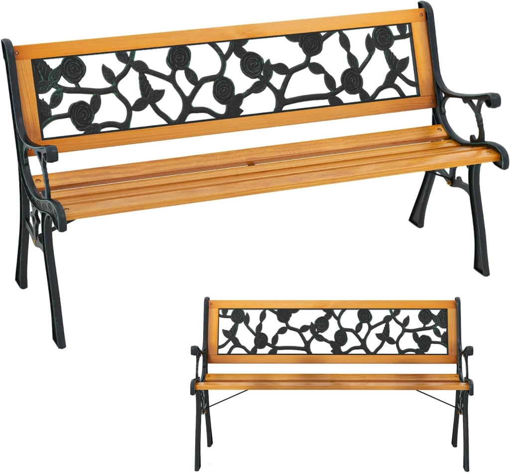 Panca da giardino a 2 posti, panca da parco in legno di pino, sedia da parco con schienale, carico di 210 kg, telaio in metallo, per balcone, terrazza (modello 3, 126 x 52 x 77 cm)