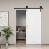 Porta Scorrevole in Stile Country con Binario e Maniglia, in Legno e Acciaio, 183x0.6x4 cm, Bianco e Nero