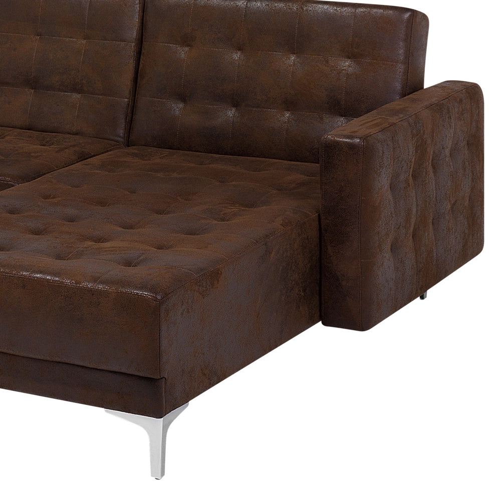 Divano letto angolare in ecopelle marrone capitonné moderno a forma di L modulare a 4 posti con ottomana chaise longue versione destra