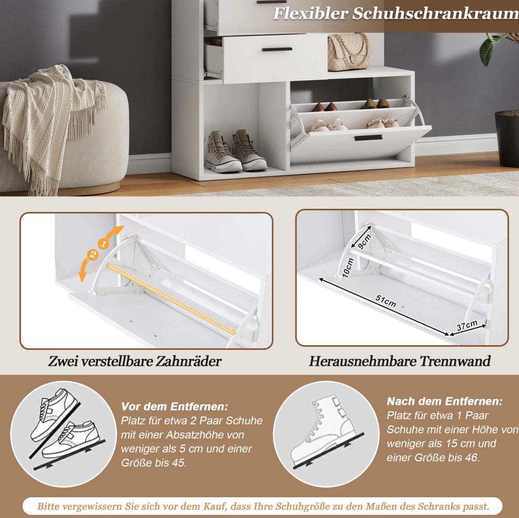Mobile guardaroba con specchio, scarpiera e cassetti 90x30x180 cm bianco