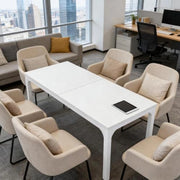 Tavolo rettangolare moderno 200x70 cm, per 6-8 persone, struttura in metallo e MDF bianco