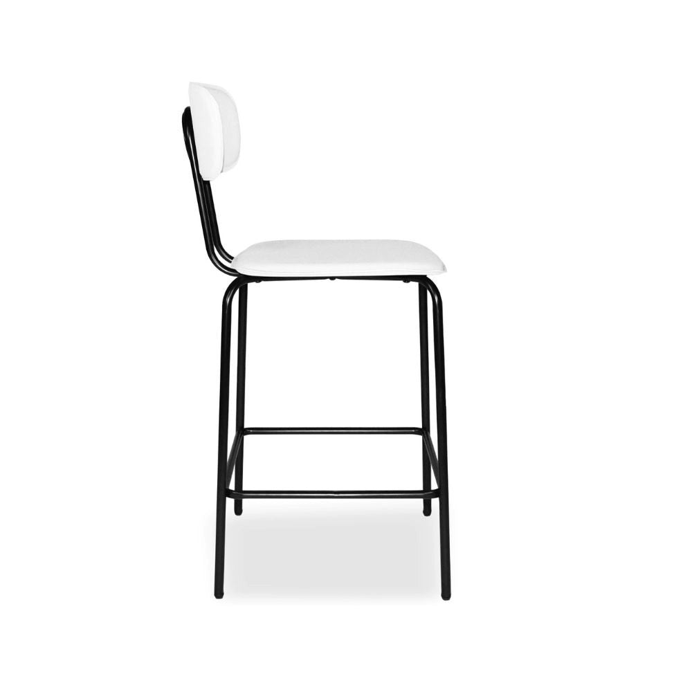 Sgabello Glami con struttura in metallo nero e seduta in pvc effetto cuoio bianco
