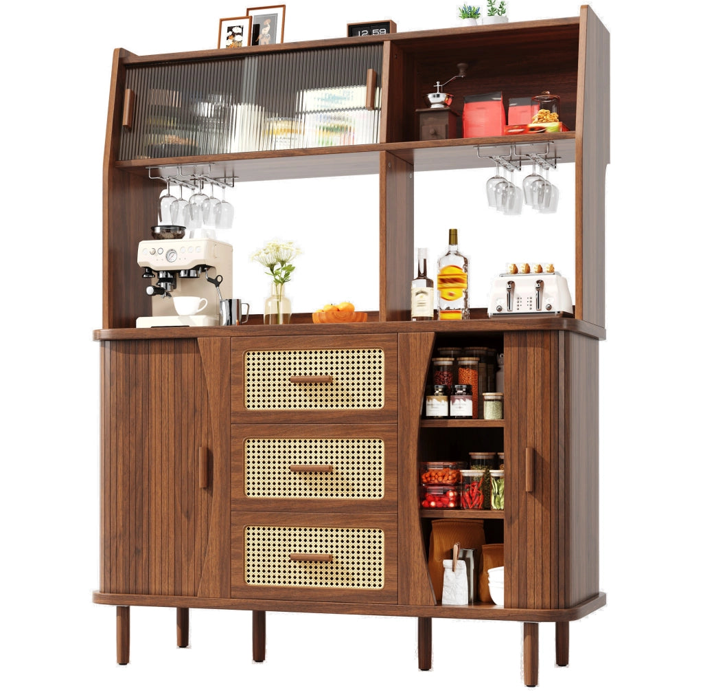 Credenza 140x40.5x174.5 cm con ante scorrevoli in vetro; 3 cassetti; MDF e metallo noce