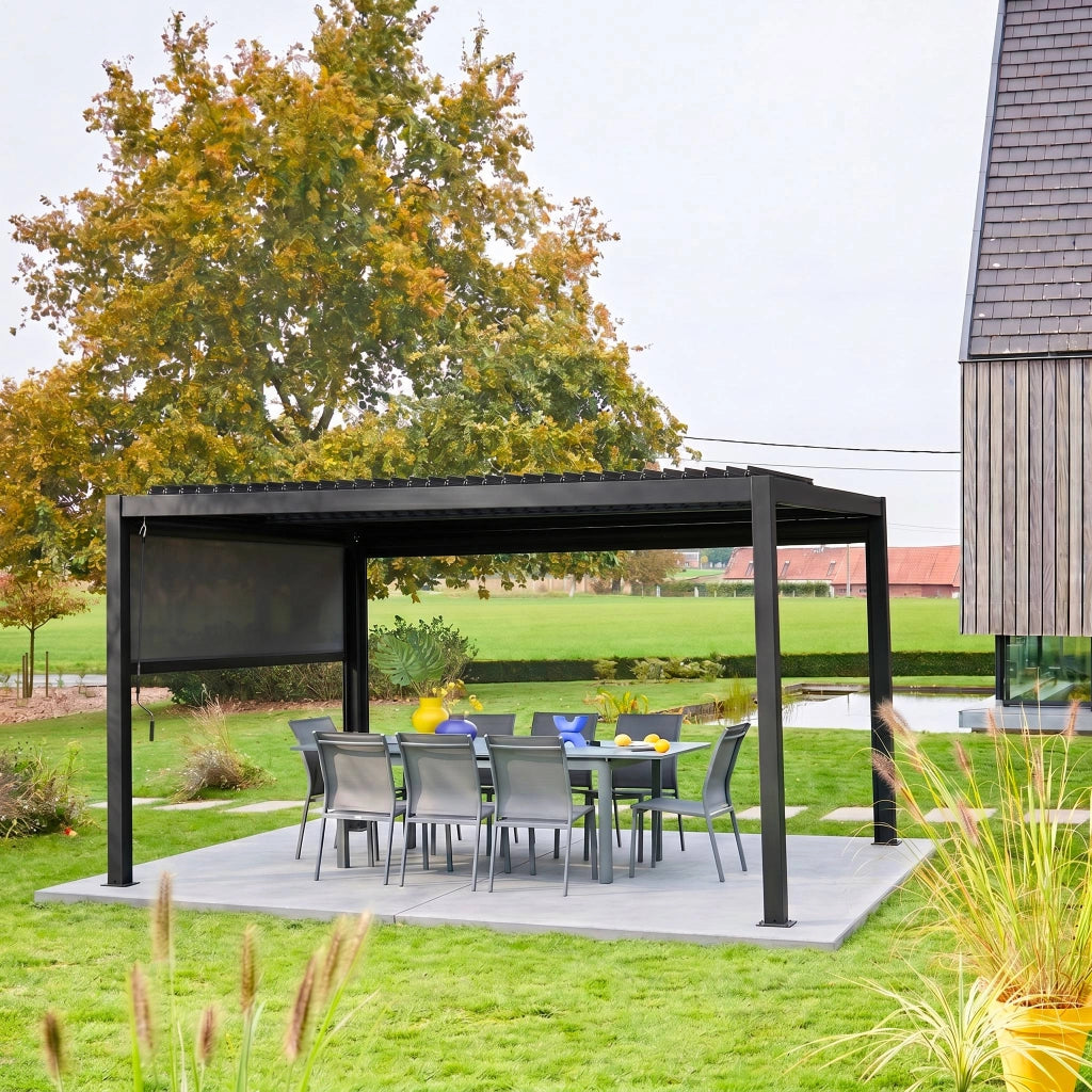 Pergola bioclimatica 3x4m in alluminio e acciaio  + tenda 3m, nero