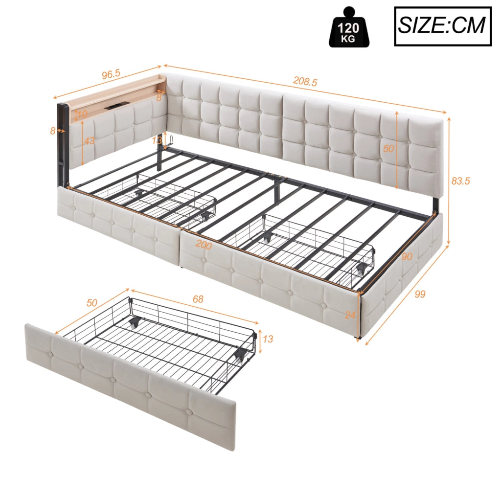 Divano letto imbottito 90x200 cm beige con 2 cassetti; LED; USB e porta Type-C