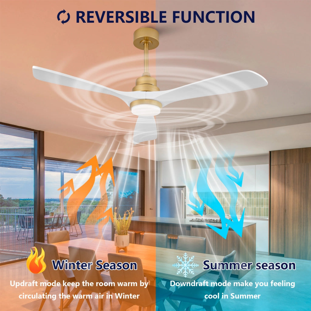 Desviae Ventilatore da soffitto con luce da 52 pollici in metallo e legno bianco e oro con telecomando e motore DC reversibile