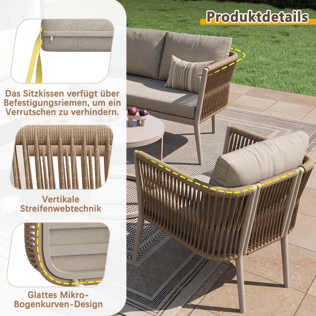 Set salotto giardino 5-6 persone 6 pezzi: corda sedute + Divanooo angolare modulare; cuscini; terrazzo/balcone; beige