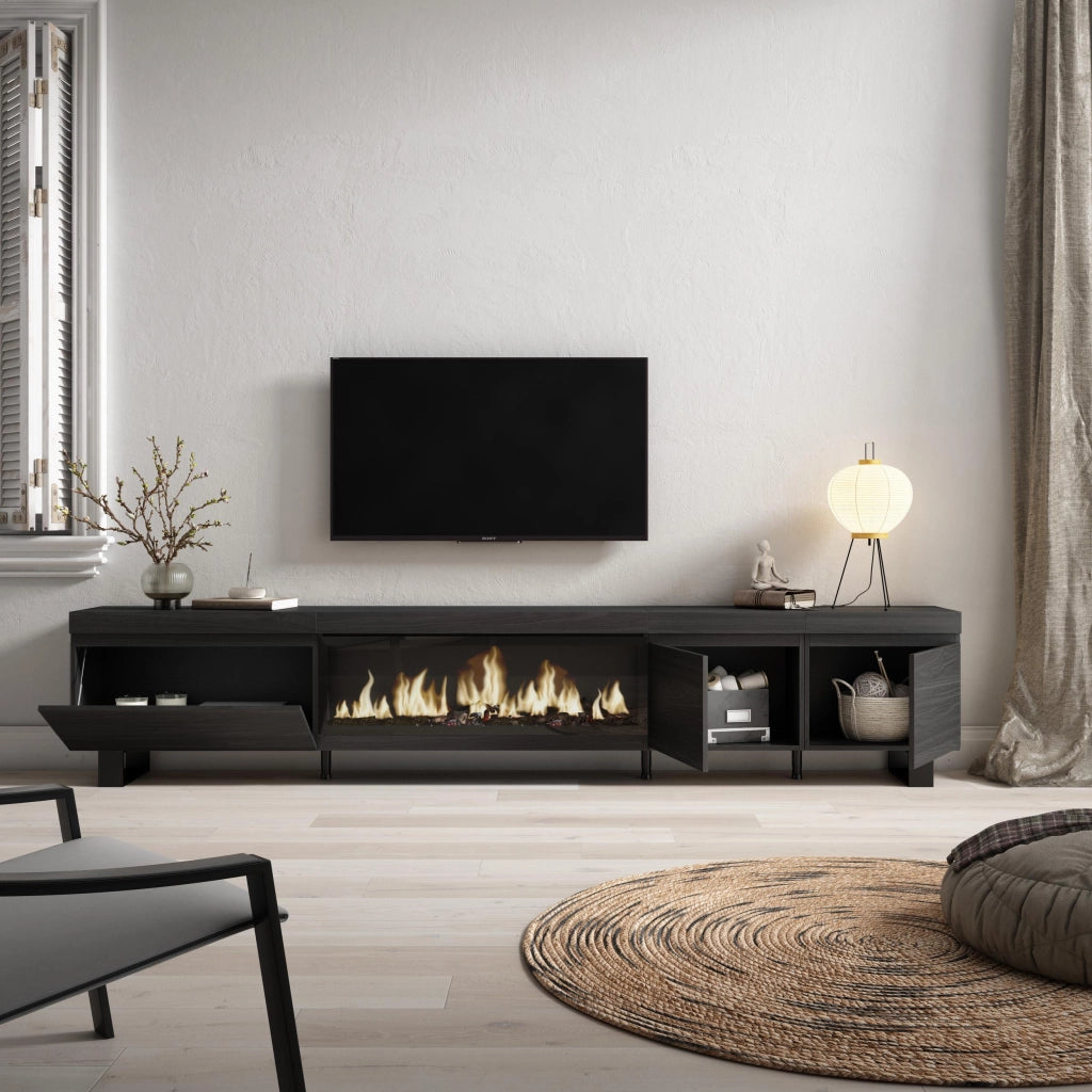 Mobile TV Soggiorno, 288x35x57cm, TV di grande formato, Camino elettrico XXL, Design industriale, Nero RF3610