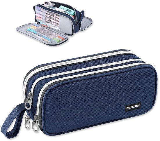 Etui grande con 3 compartimenti per ragazze ragazzi adolescenti per scuola ufficio (blu scuro)