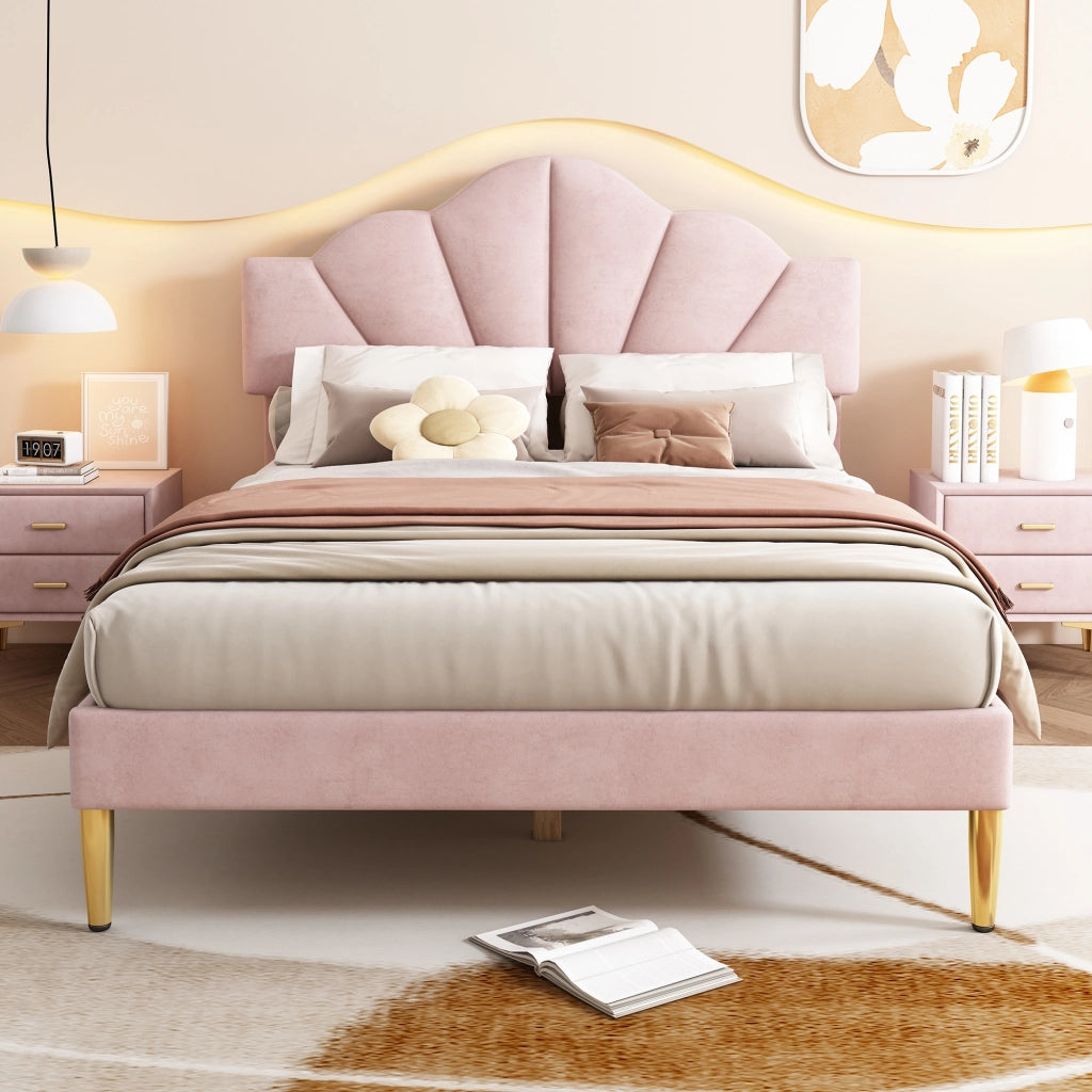 DESMIU Letto imbottito 140 × 190 cm 2 posti, testiera regolabile, senza materasso, velluto rosa