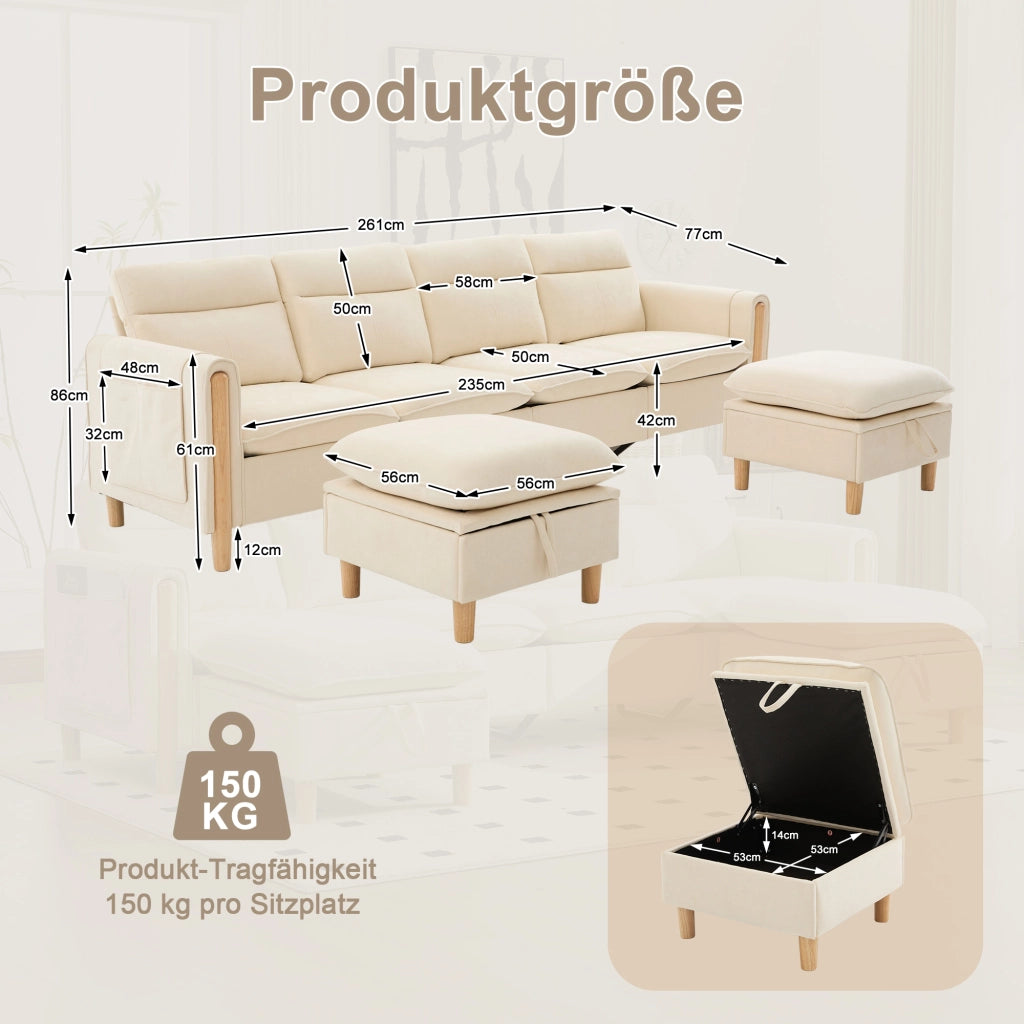 Divano a U modulare per 4 persone con 2 pouf contenitore, tasche laterali e piedi in legno massello in ciniglia beige